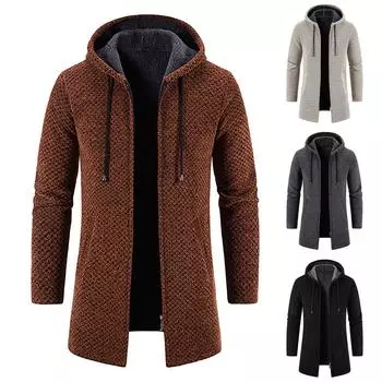 Мужское пальто средней длины с капюшоном, плюшевое клетчатое вязаное пальто на шнурке, свитер, теплые однотонные куртки, топы XXXL бежевый