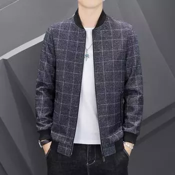 Мужское пальто весна-осень модный тренд тонкий шерстяной клетчатый деловой повседневный бейсбольный воротник куртка верхнее пальто M серый
