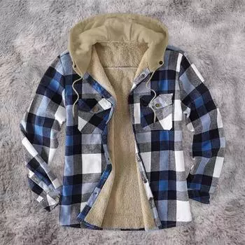 Мужское пальто Yousheng с капюшоном, длинными рукавами, клетчатым принтом, застежкой на пуговицы, спортивное пальто с плюшевой подкладкой XL темно-синий