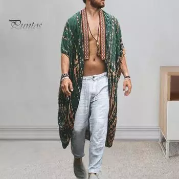 Мужское пляжное пальто в стиле ретро, свободная посадка средней длины с принтом, солнцезащитная куртка с открытой передней частью, длинная верхняя одежда M зелёный
