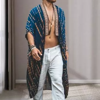 Мужское пляжное пальто в стиле ретро, куртка средней длины с принтом, защита от солнца, свободная длинная верхняя одежда с открытой передней частью M зелёный