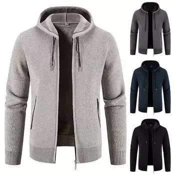 Мужское плюшевое клетчатое вязаное пальто с капюшоном и шнурком, свитер, теплые однотонные куртки, топы XL чёрный