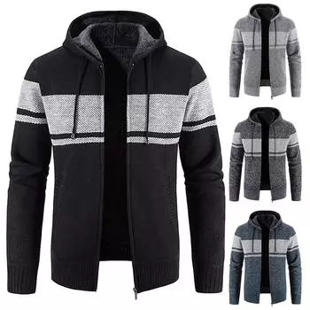 Мужское плюшевое клетчатое вязаное пальто с капюшоном и шнурком, свитер, теплые однотонные куртки, топы L чёрный