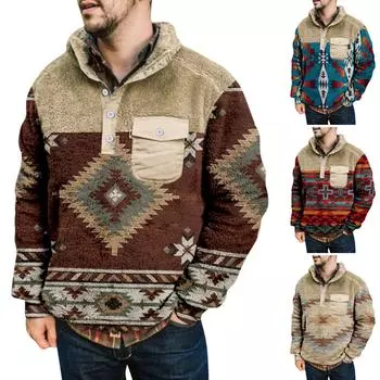 Мужское плюшевое теплое пальто с принтом, флисовый свитер, повседневное пальто, свитер с карманами, осенне-зимнее пальто XL синий