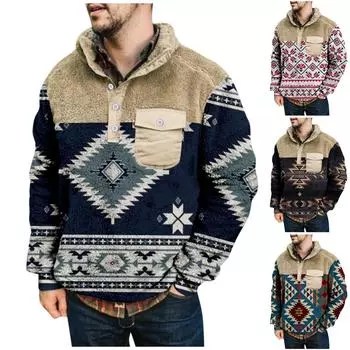 Мужское плюшевое теплое пальто с принтом, флисовый свитер, повседневное пальто, свитер с карманами, осенне-зимнее пальто L чёрный