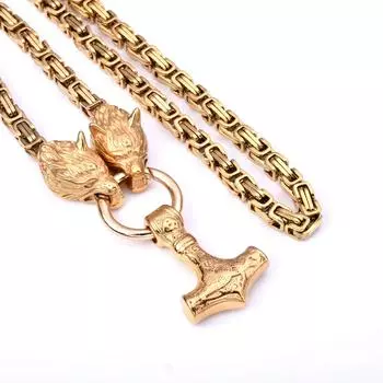 Мужское полностью золотое ожерелье из нержавеющей стали с головой волка викингов, молоток Тора, ожерелье, императорская цепочка, ожерелье 40CM