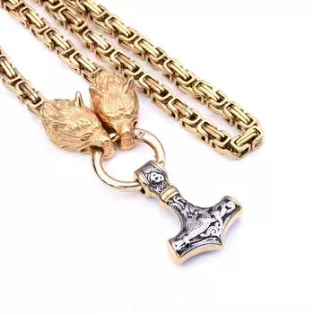 Мужское полностью золотое ожерелье из нержавеющей стали с подвеской в виде волка викинга и громового молота, ожерелье императора Amazon Amazon 40