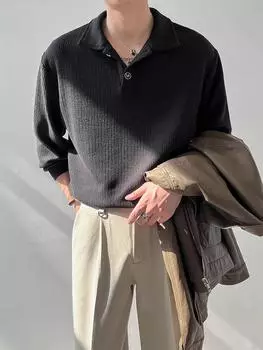 Мужское поло с длинным рукавом из вафельной ткани — модная свободная футболка на весну и осень 2XL чёрный