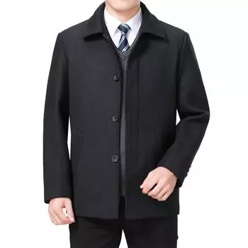 Мужское полушерстяное пальто Осенняя шерстяная куртка Мужской бушлат Зимние шерстяные пальто с отложным воротником M чёрный