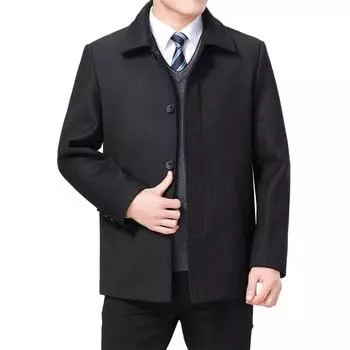 Мужское полушерстяное пальто Осенняя шерстяная куртка Мужской бушлат Зимние шерстяные пальто с отложным воротником L темно серый