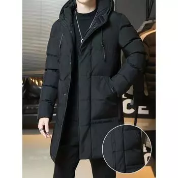 Мужское повседневное длинное зимнее пальто с капюшоном, теплое толстое стеганое пальто для осени и зимы M чёрный
