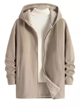 Мужское повседневное минималистичное однотонное шерстяное длинное пальто с застежкой-молнией и капюшоном на флисовой подкладке S света кофе