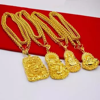 Мужское позолоченное ожерелье с большой биркой, бренд Flame Square Dragon, ожерелье с подвеской в виде Будды Гуаньинь Майтрейя.