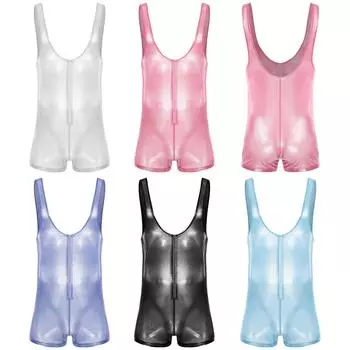 Мужское прозрачное боди с низким вырезом, на молнии спереди, без рукавов, цельное борцовское трико, боксеры M