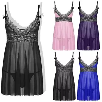 Мужское прозрачное кружевное белье Sissy, регулируемые бретельки, сорочка с глубоким V-образным вырезом, одежда для сна Babydoll M фиолетовый