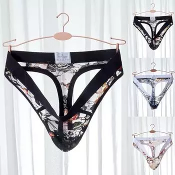 Мужское прозрачное кружевное нижнее белье, трусы-стринги, бикини, шорты с бандажами и стрингами M