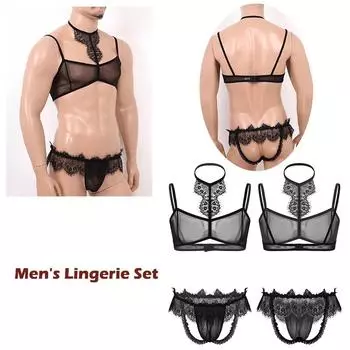 Мужское прозрачное нижнее белье Sissy Jock с кружевной отделкой и бюстгальтером сверху M