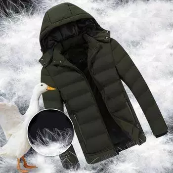 Мужское пуховое пальто с капюшоном, зимняя толстая куртка с хлопковой подкладкой, однотонное тонкое пальто, термокуртка на белом утином пуху M чёрный