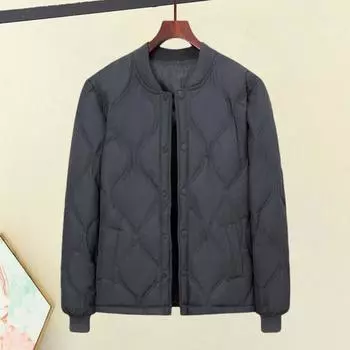 Мужское пуховое пальто с воротником-стойкой, длинными рукавами, застежкой на пуговицы, однотонная куртка с боковыми карманами, стеганая верхняя одежда для отдыха на открытом воздухе L темно-синий