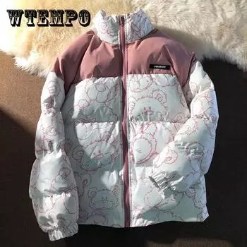 Мужское пуховое пальто, женский пуховик, зимняя толстая теплая куртка, молодежное пальто с принтом медведя XL розовый