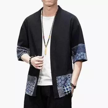 Мужское японское кимоно, кардиган, свободные хлопковые и льняные повседневные летние рубашки-рубашки с рукавами 3/4 и открытым передом S бежевый