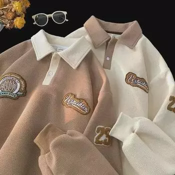 Мужское ретро-поло в студенческом стиле с вышивкой — шикарное, свободное и удобное для осени. 3XL чёрный