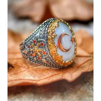 Мужское серебряное овальное кольцо с перламутром и турецким флагом