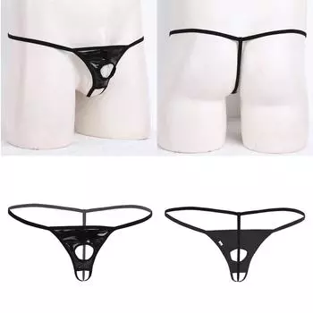 Мужское сексуальное кожаное нижнее белье с открытыми передними отверстиями, стринги-бикини с мокрым эффектом M