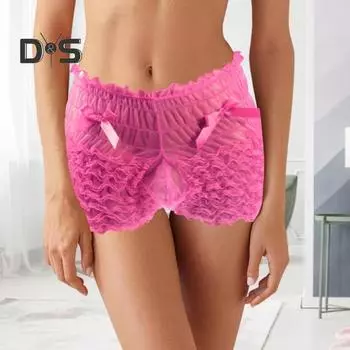 Мужское сексуальное нижнее белье с высокой талией, сетчатые кружевные шорты, трусики с бантом, однотонные трусики с высокой талией