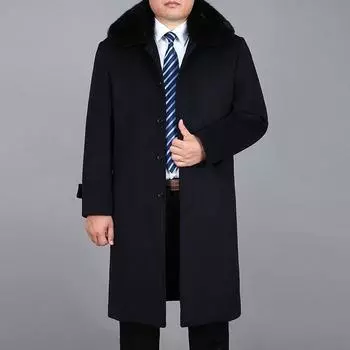 Мужское шерстяное длинное пальто, зимнее кашемировое пальто из натурального кроличьего меха, толстое теплое зимнее мужское полупальто с меховой подкладкой M