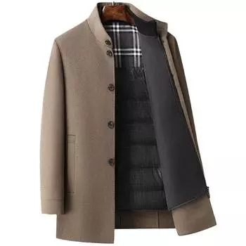 Мужское шерстяное двухстороннее шерстяное пальто с воротником-стойкой, мужское осенне-зимнее пальто из кашемира со съемной подкладкой из белого утиного пуха, средней длины M
