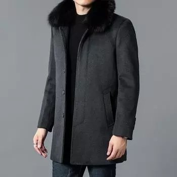 Мужское шерстяное пальто на флисовой подкладке, зимняя одежда для среднего возраста, деловое шерстяное пальто средней длины для отдыха и большого мехового воротника, модное для папы M