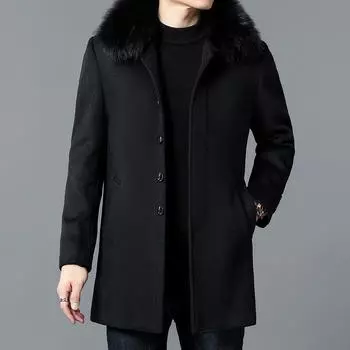 Мужское шерстяное пальто на флисовой подкладке, зимняя одежда для среднего возраста, деловое шерстяное пальто средней длины для отдыха и большого мехового воротника, модное для папы M