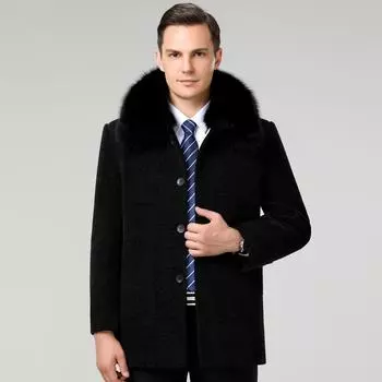 Мужское шерстяное пальто, новый стиль, осенне-зимняя свободная ветровка для людей среднего и пожилого возраста, теплое повседневное пальто с меховым воротником, зимняя одежда M