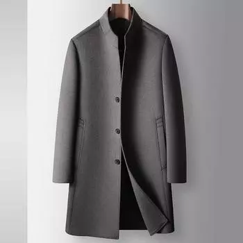 Мужское шерстяное пальто осенне-зимнее длинное с воротником-стойкой, с отстегивающимся белым гусиным пухом, для среднего и молодого возраста, двухсторонний твидовый тренчкот 170 серый