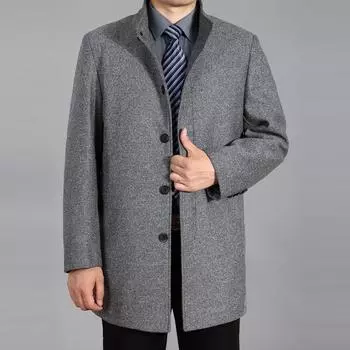 Мужское шерстяное пальто, осенне-зимняя шерстяная длинная куртка, мужское шерстяное пальто, кашемировое полупальто с воротником-стойкой M чёрный