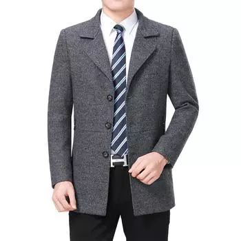 Мужское шерстяное пальто, осеннее шерстяное пальто, приталенная зимняя теплая шерстяная куртка с отложным воротником, корейский стиль M чёрный