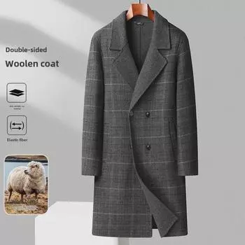 Мужское шерстяное пальто ручной работы длиной выше колена с двубортным узором в клетку — коллекция осень/зима 2023 г. XL серый