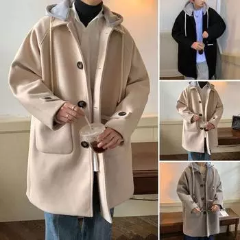 Мужское шерстяное пальто с капюшоном и длинным рукавом, однобортная куртка с завязками M хаки