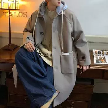 Мужское шерстяное пальто с капюшоном и длинными рукавами, однобортная куртка с большими карманами, длинная ветровка M чёрный