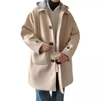 Мужское шерстяное пальто с капюшоном и длинным рукавом, однобортная куртка, пальто M хаки