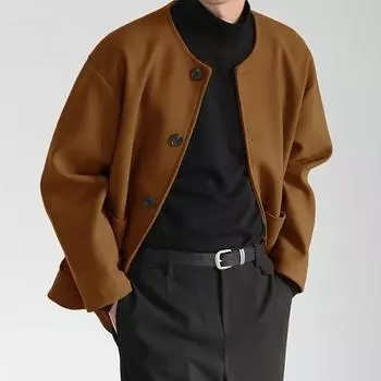 Мужское шерстяное пальто с круглым вырезом и длинным рукавом, однобортное, стандартного кроя, однотонное S коричневый