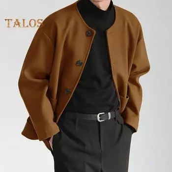 Мужское шерстяное пальто с круглым вырезом, длинным рукавом, однобортное, стандартного кроя, однотонная куртка с карманами, зимнее пальто S коричневый