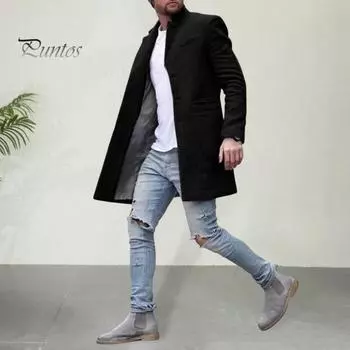 Мужское шерстяное пальто с лацканами, длинный рукав, пальто средней длины, однотонное однобортное длинное пальто с боковыми карманами XXXL чёрный