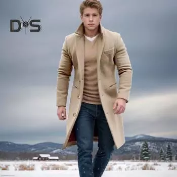 Мужское шерстяное пальто с лацканами, длинный рукав, однобортная куртка, пальто с карманами, однотонная верхняя одежда средней длины M хаки