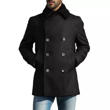 Мужское шерстяное пальто с лацканами, длинный рукав, двубортная куртка, пальто с плюшевыми краями, однотонное M чёрный