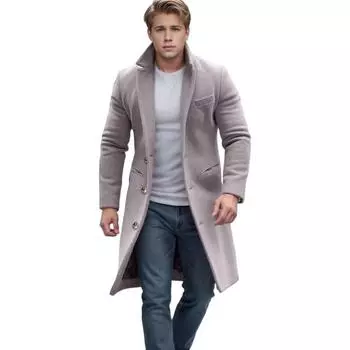 Мужское шерстяное пальто с лацканами, длинный рукав, однобортная куртка, пальто с карманами, однотонная верхняя одежда средней длины M хаки