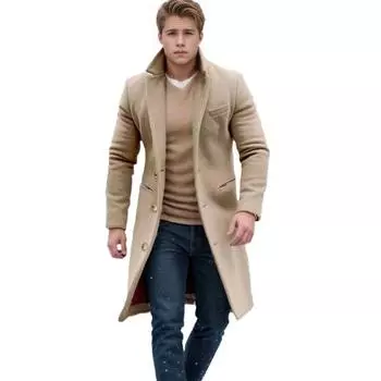 Мужское шерстяное пальто с лацканами, длинный рукав, однобортная куртка, пальто с карманами, однотонная верхняя одежда средней длины M серый