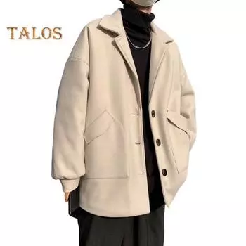 Мужское шерстяное пальто с лацканами, длинный рукав, однобортная ветровка, однотонное свободное пальто средней длины с карманами, официальная одежда M чёрный