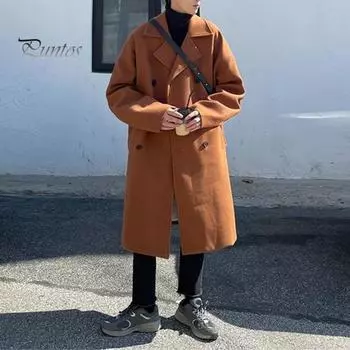 Мужское шерстяное пальто с лацканами, длинный рукав, двубортная ветровка, однотонная, в стиле ретро, верхняя одежда средней длины 2XL коричневый